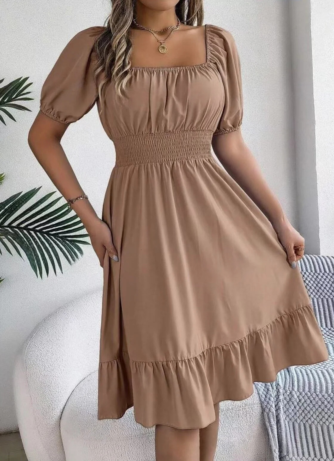 European and American spring summer casual square neck short sleeve gathering waist lotus leaf edge temperament dress 250513
