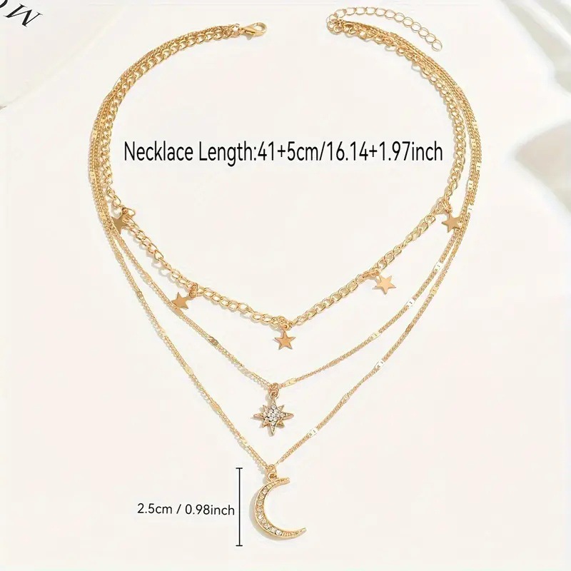 Fashionable Star and Moon Pendant Multi-Layer Necklace with Rhinestones, Unique Gold Choker for Women