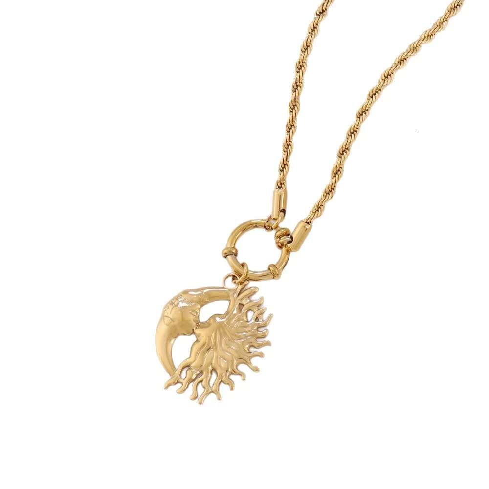 Women's Necklace Gold Plated Stainless Steel Moon Sun Pendant Fashion Chain with Flower Pattern Accessories