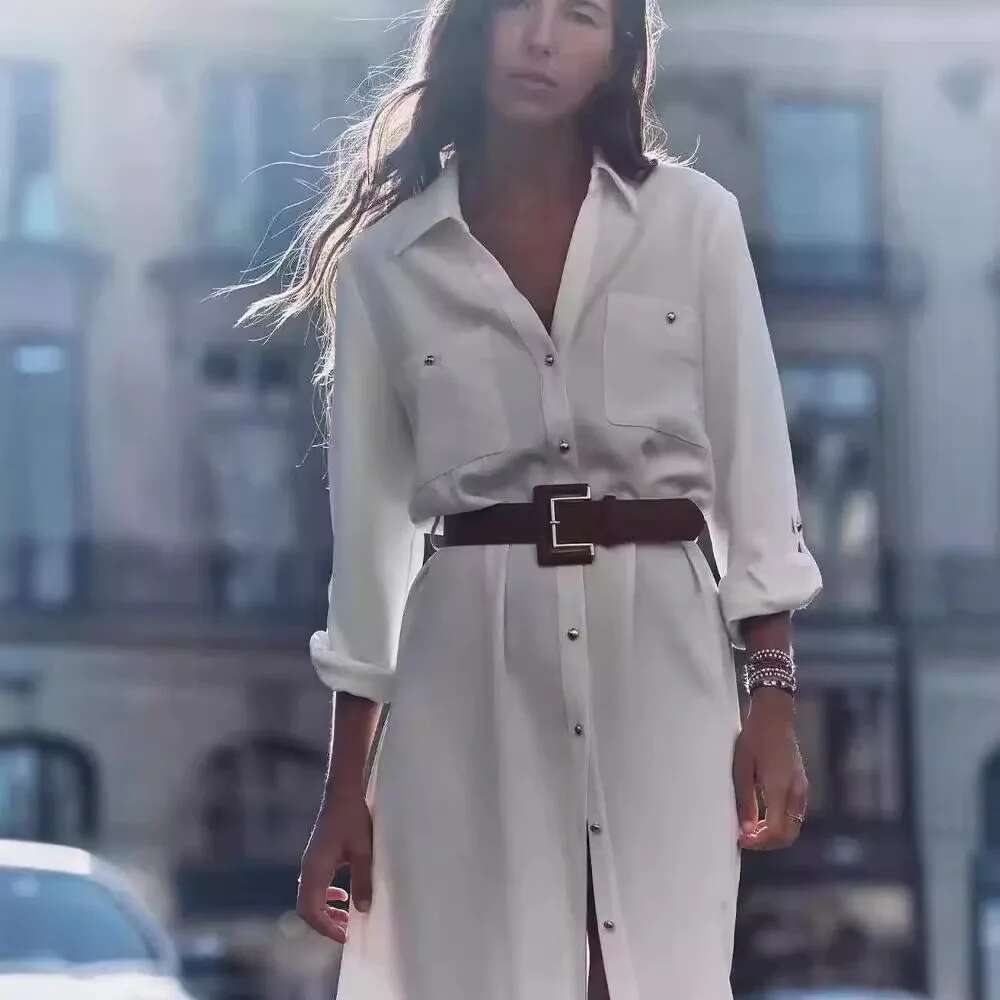 New Woman Elegant White Women Lapel Casual Loose Chic Single-Breasted Pocket With Belt Slim Long Sleeve Dress