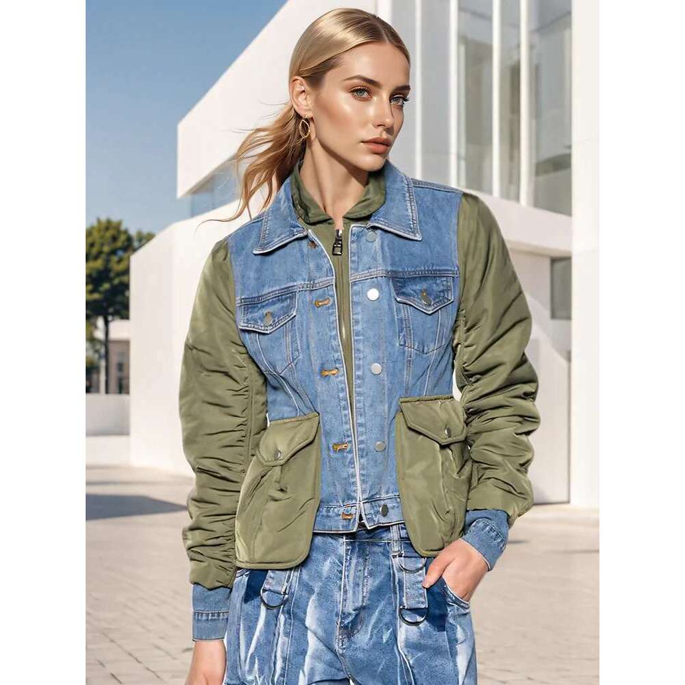DEAT Fashion Women's Patchwork Denim Jackets Turn-down Collar Loose Zipper Long Sleeve Short Coat Autumn 2025 New Tide 7Z249
