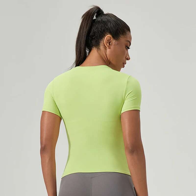 Women Running Sports T Shirt Short Sleeve Round Neck Breathable Training Fiess Stretchy Yoga Sexy Slim Gym Top