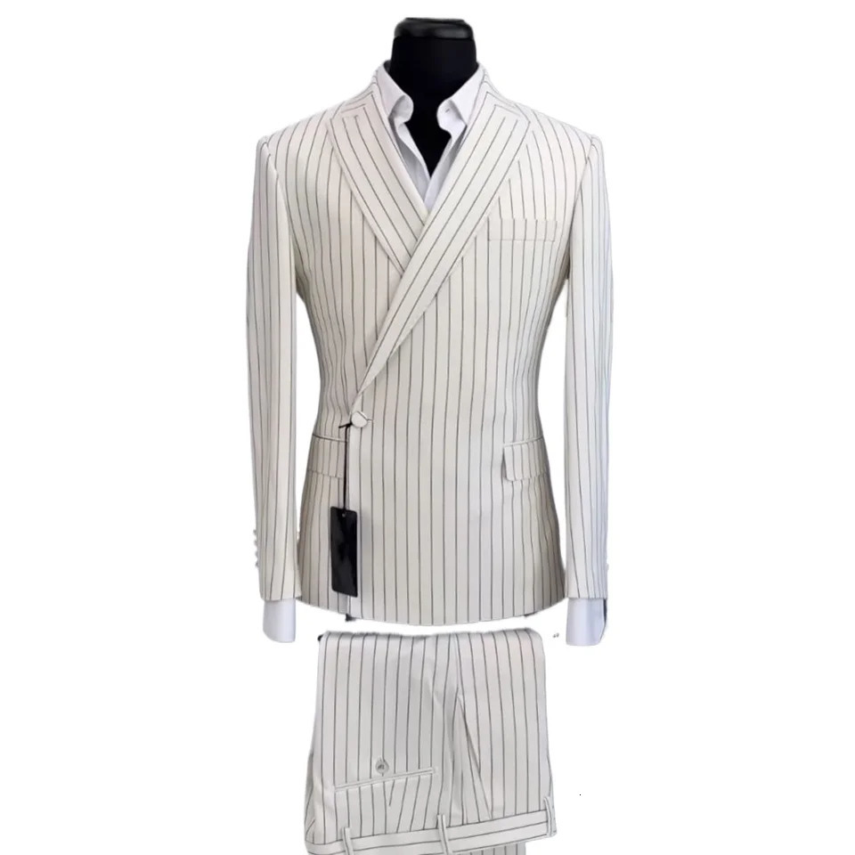 Elegant White Stripes Single Button Men Suit Two PiecesJacketPants Lapel Outfits Casual Party Prom Wedding Set 250506