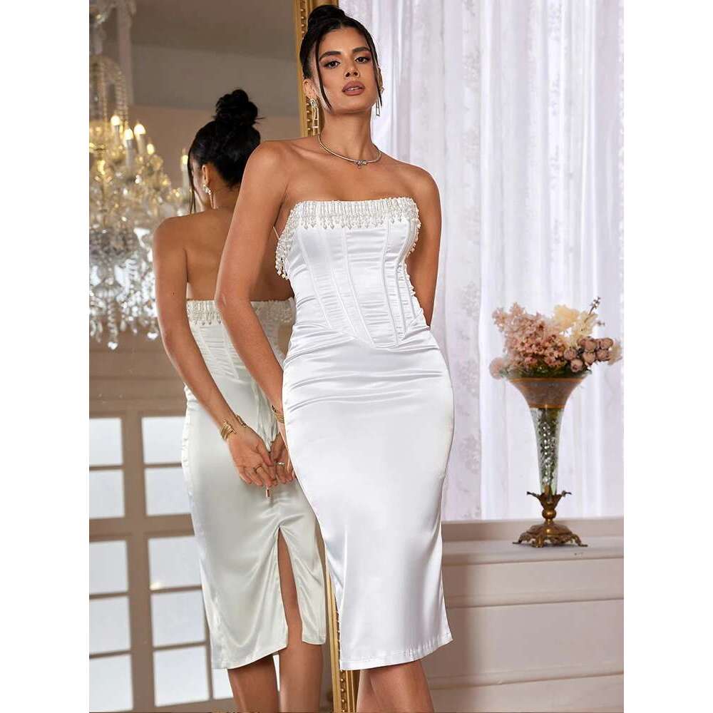 Suninheart White Beading Satin Women Elegant Bodycon Party Dresses Sexy Long Tight Fitting Evening Dress