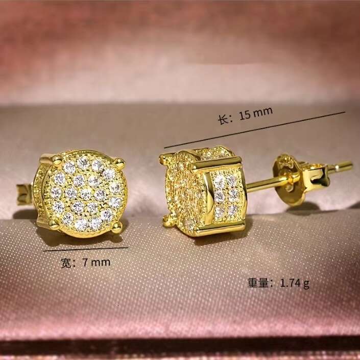 Full Diamond Hip Hop Mens Stud Earrings Zircon Micro Inlaid Electroplated Round Silver Earrings