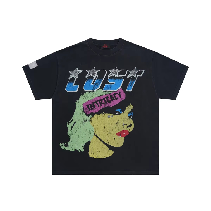 High Street Women Character Washed Black Mens Tshirts Short Sleeve Harajuku Cotton Summer Tees Oversized Crew Neck Loose Top