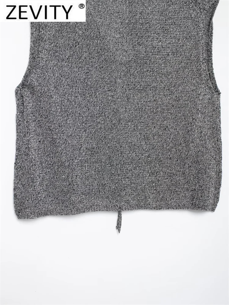 Zevity Womens French Casual Vneck Sleeveless Grey Knitted Tank Top Sweater Fashion Open Collar Lace SW6275 250506