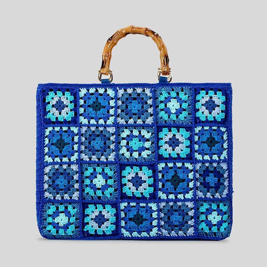 Fashion Granny Square Weave Women Handbags Behemian Knitting Bamboo Handle Large Tote Bag Candy Color Big Female Shopper Purses