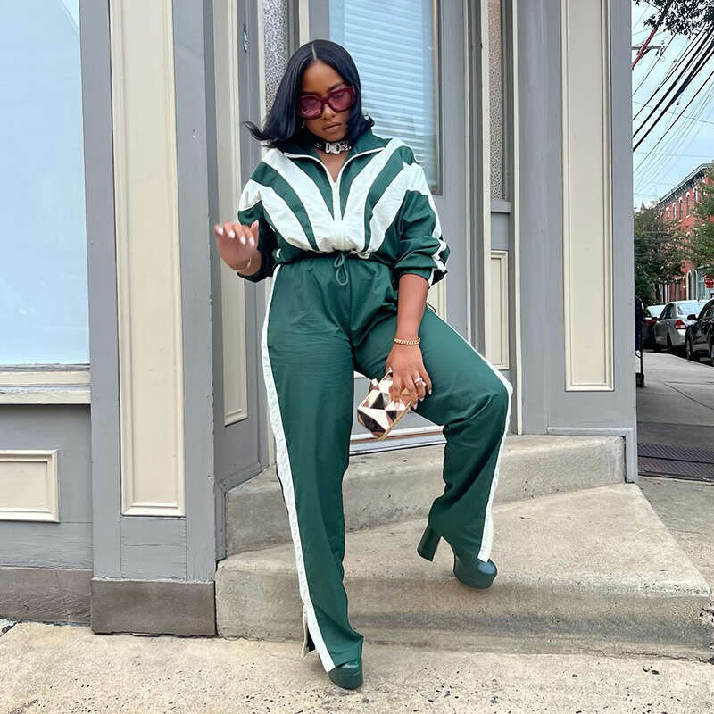 Women's Personalized Street Color Contrasting Jacket Drawstring Top Zipper Casual Pants Woven Two-Piece Set B5