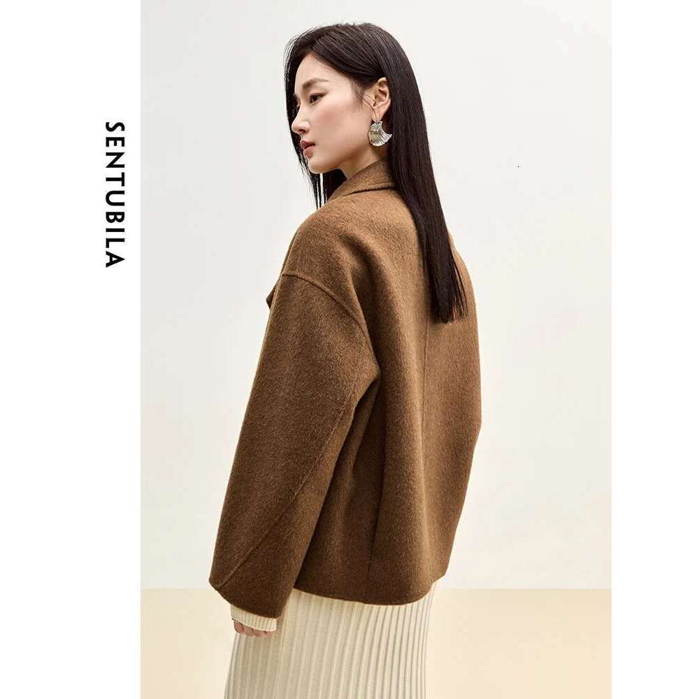 SENTUBILA Winter Short Woolen Jackets Women Outerwear 2024 Fashion Notched Collar Double Breasted Loose Coats Female W44O56123