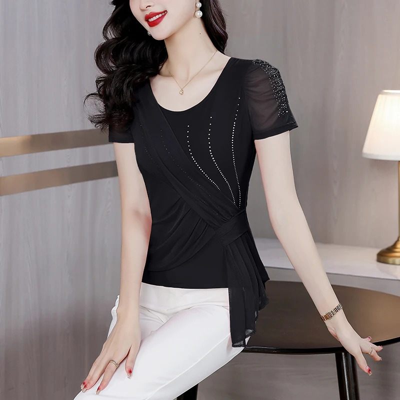 Summer Clothing Round Neck Short Sleeve T Shirt Casual Women Tops Slim Diamond Mesh 250513