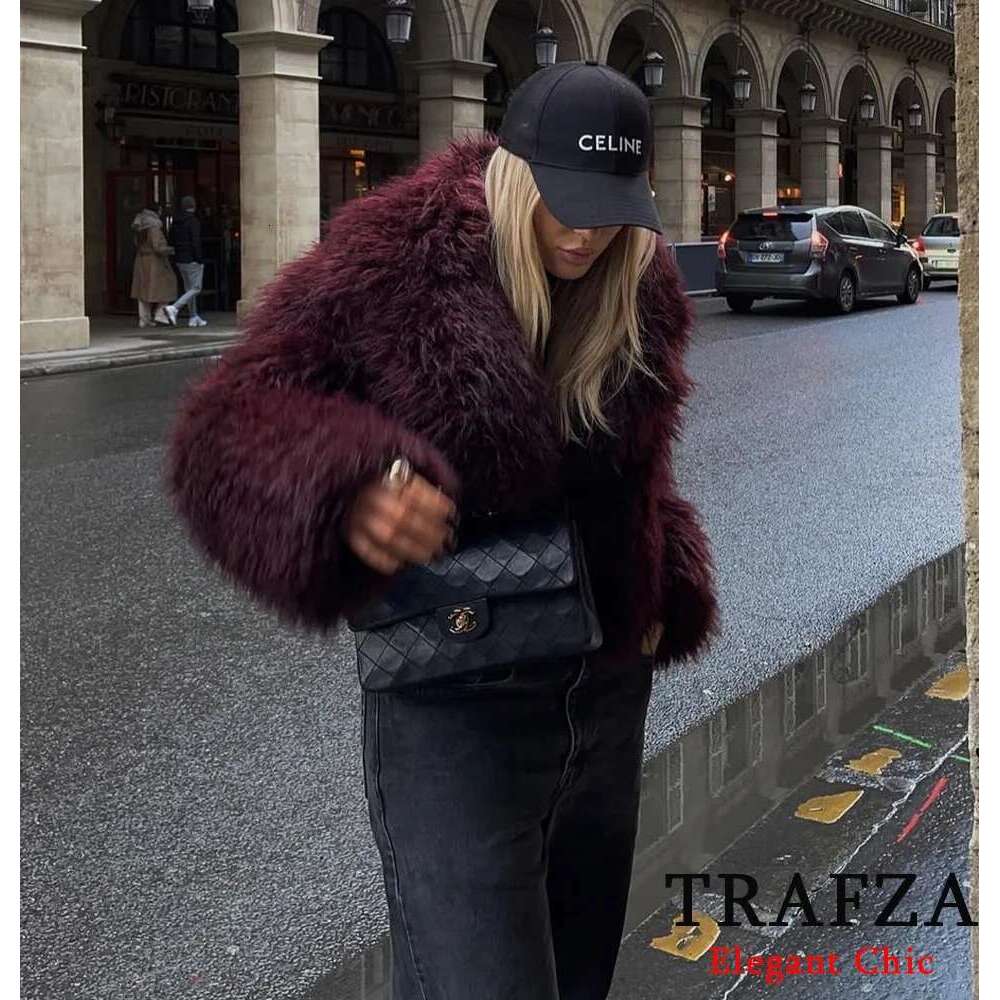 Trafza-Women Fashion Solid Big Lapel Faux Fur Jacket New 2025 Autumn Winter Slouchy Bury Black Gray Coat Designer
