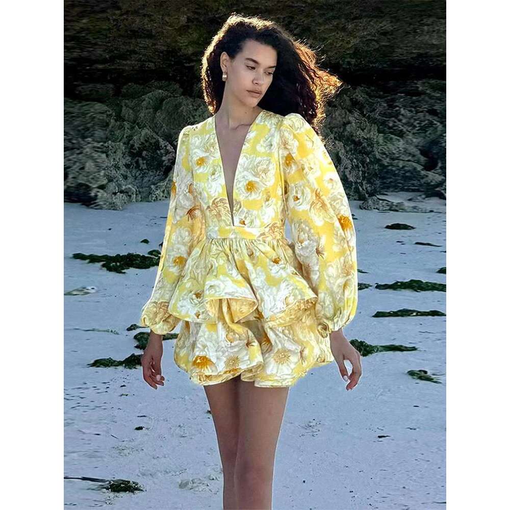 Deep V collar Ruffled Printed Lantern Sleeved Beach Layered Fluffy Short Dresses Waist Cinching Floral Gown Dress Women