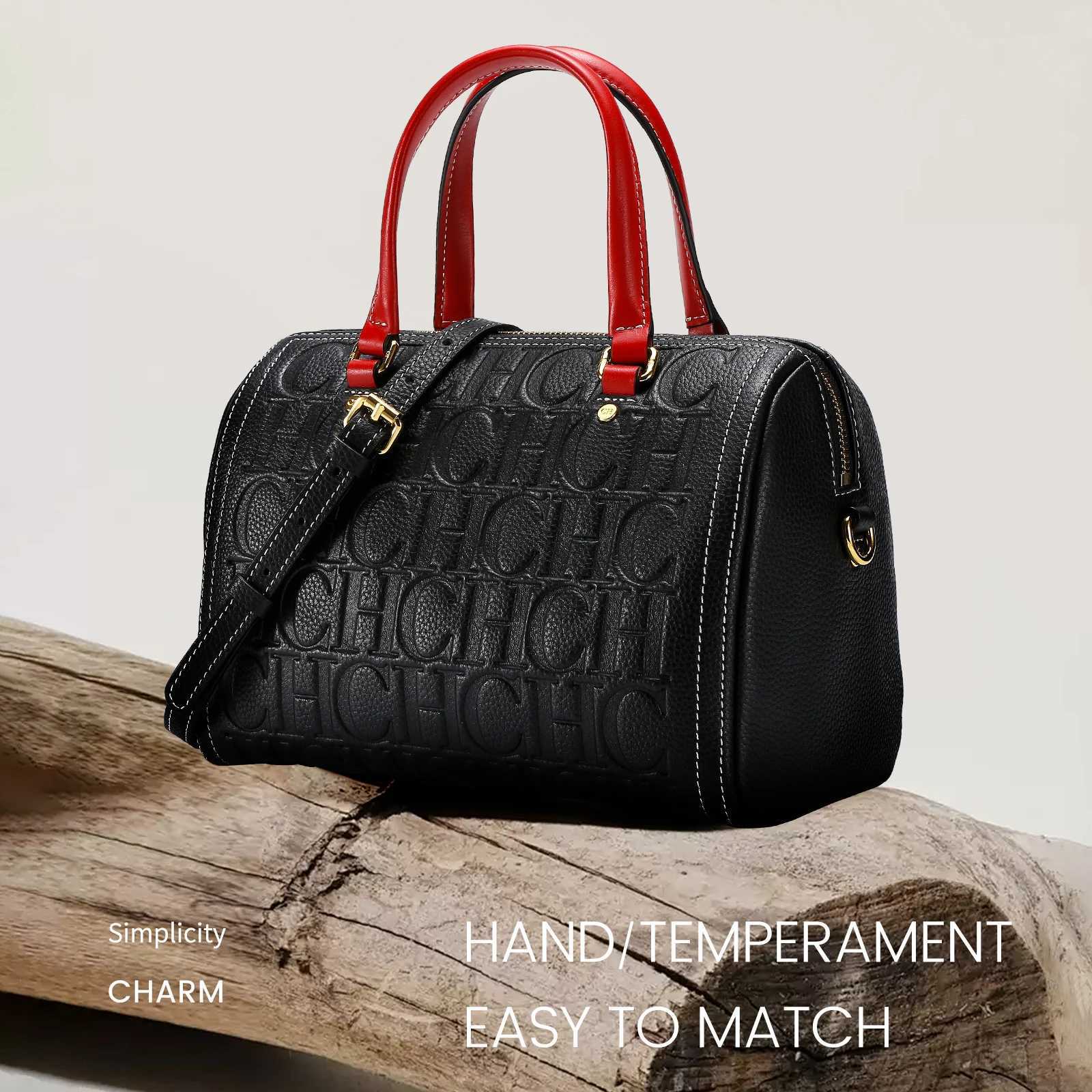 CHCH Womens Shoulder Bag 2024 New Black Cow Leather Letter Embossed Zipper Tote Bag 26*14.5*18cm Z250513