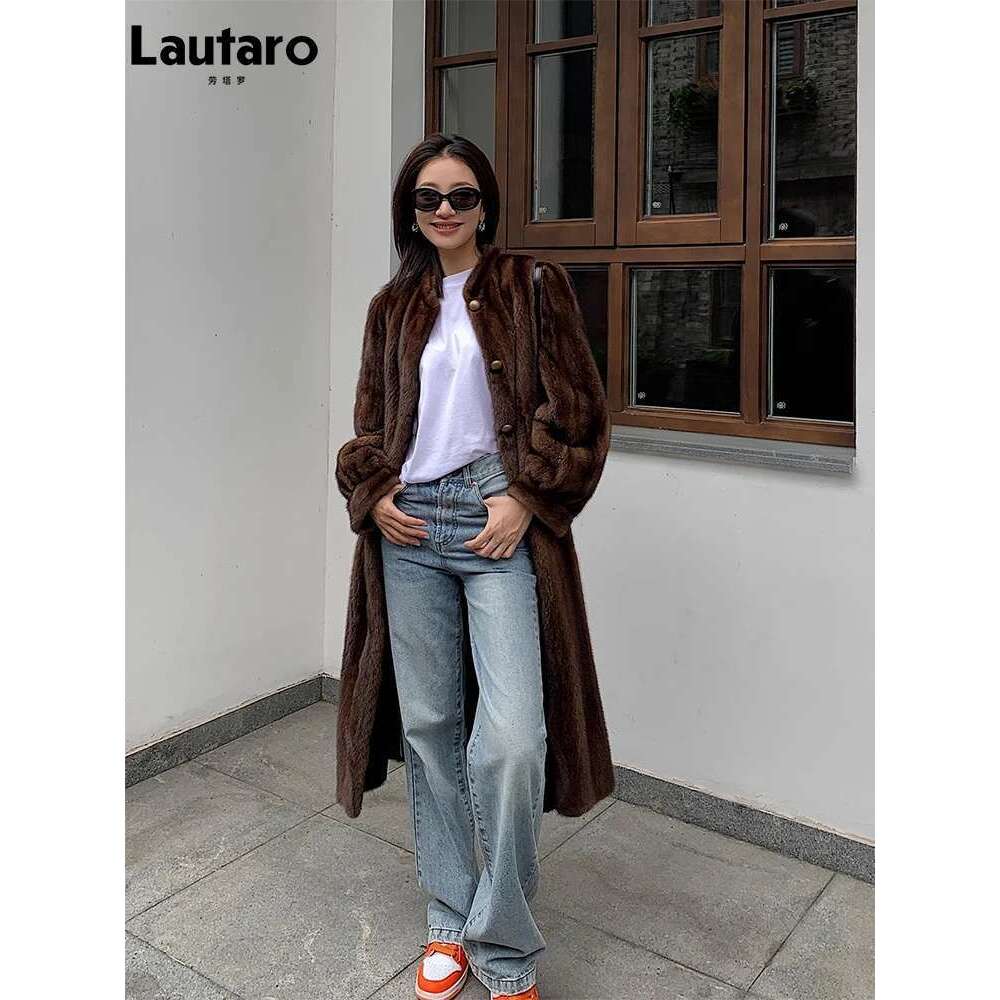 Lautaro Winter Long Brown Thick Warm Soft Faux Mink Fur Coat Women Puff Sleeve Elegant Chic Fluffy Furry Overcoat