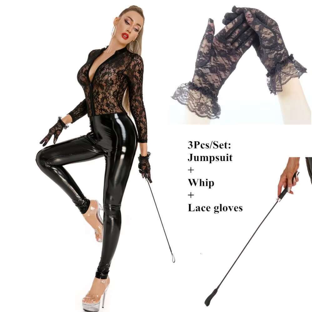 Women Sexy See-Through Lace Splice PU Leather Bodysuit Zip Crotchless Latex Jumpsuit Hot Sex Passion Night Couple Game Uniform