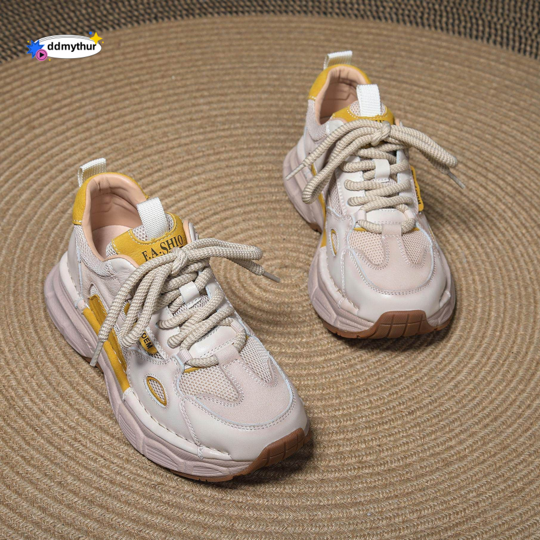 Real leather mesh dad for women in the spring of 2025, new thick soled color blocked height increasing sports style casual Forrest Gump shoes ddmythur