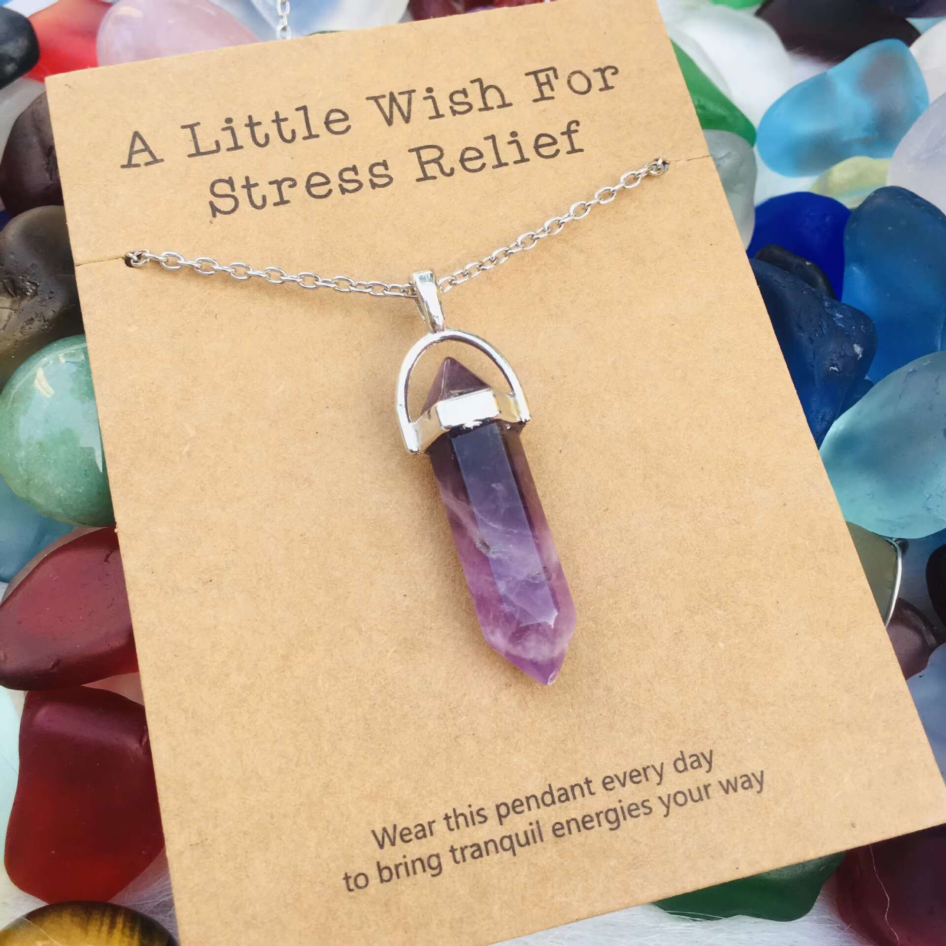 Fashionable amethyst style chain buckle necklace, card, natural stone hexagonal pen pendant, fashionable pendant necklace
