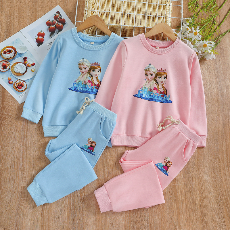 DISNEY Frozen Elsa princess baby designer clothes Girls' Spring Autumn Cotton Suit baby Sweatshirt Sports Pants Two-piece Set.
