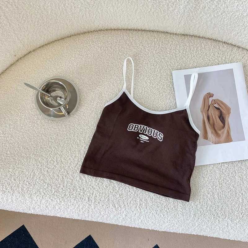 Women With Padded Bra Crop Tops O-neck Solid Crop Tops Summer Letter Printing Tops Spaghetti Camisole M250513