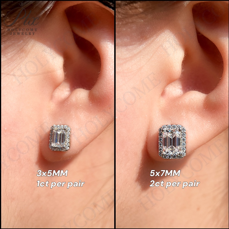 Emerald Cut Halo Earring Hip Hop Jewelry Iced Out VVS Diamond Moissanite White Gold Plated 925 Sterling Silver Stud Earrings for Men Women