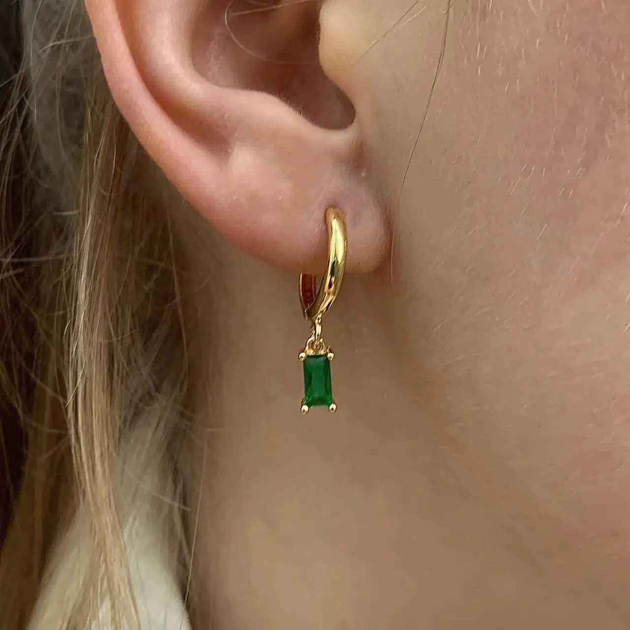 French Emerald Geometric Hoop Stainless Steel Earrings for Women Party Jewelry Accessories Trendy Zircon Crystal Drop Earring Y250510