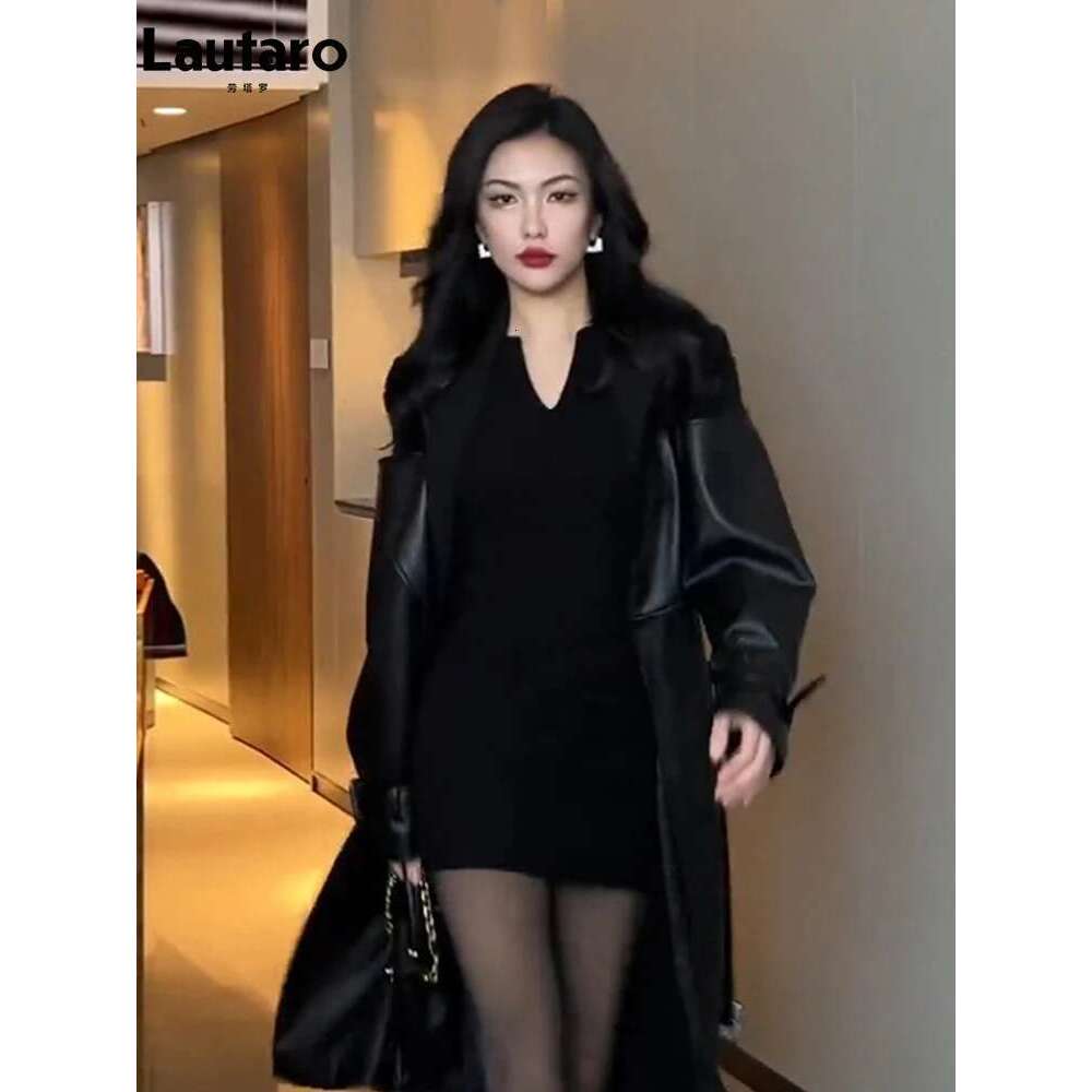 Lautaro Autumn Long Black Patchwork Pu Leather Trench Coat for Women Double Breasted Loose Stylish Designer Clothing 2023
