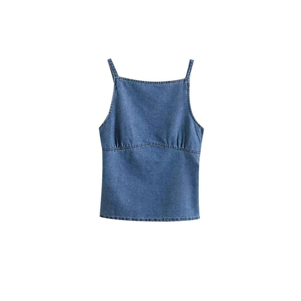 TRZA Women's Fashion Sleeveless Denim Tank Thin Strap Backless Camisole Female Summer Trendy Top