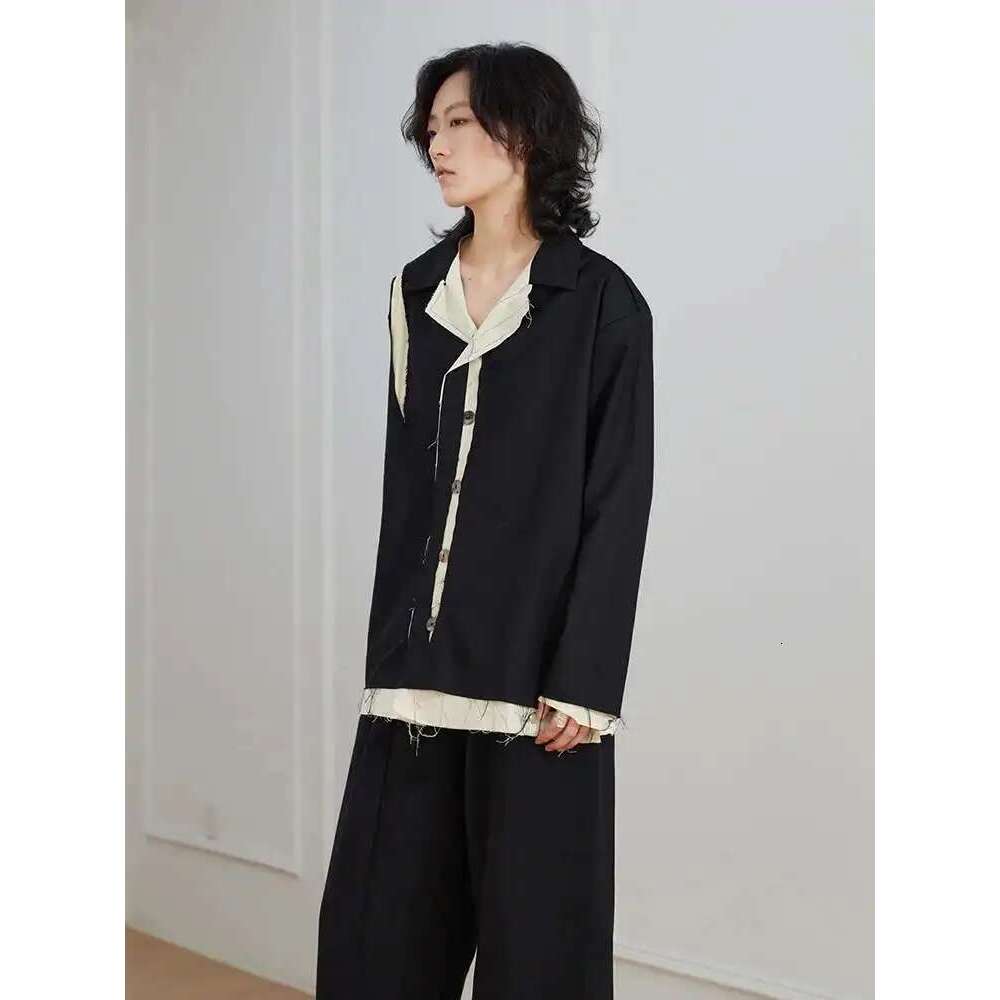 EAM Women Color-block Burr Big Size Black Blouse New Lapel Long Sleeve Loose Fit Shirt Fashion Tide Spring Autumn 2025 1DF3955