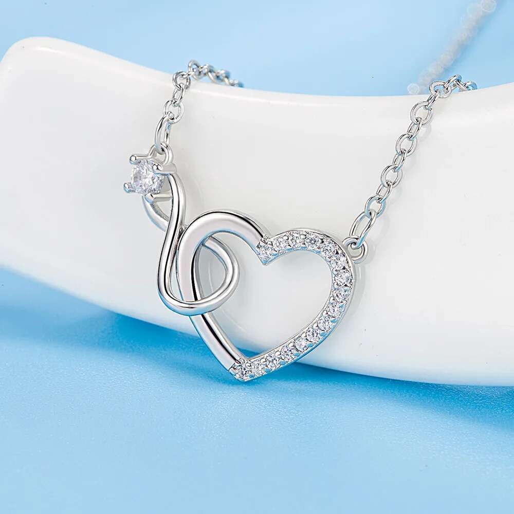 Sterling Sier Zircon Heart Interlocking Necklaces For Women Quality Jewelry Gift Female Gaabou