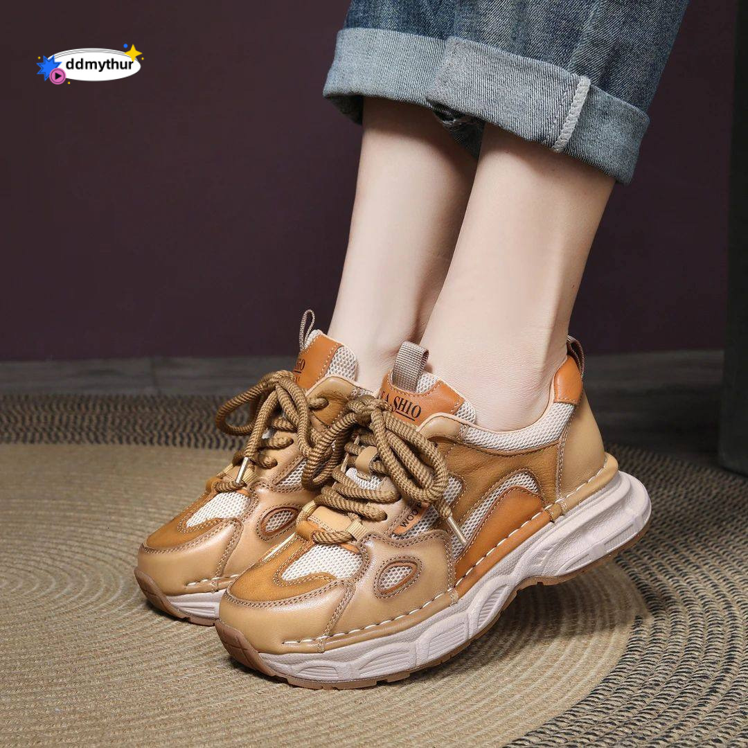 Real leather mesh dad for women in the spring of 2025, new thick soled color blocked height increasing sports style casual Forrest Gump shoes ddmythur