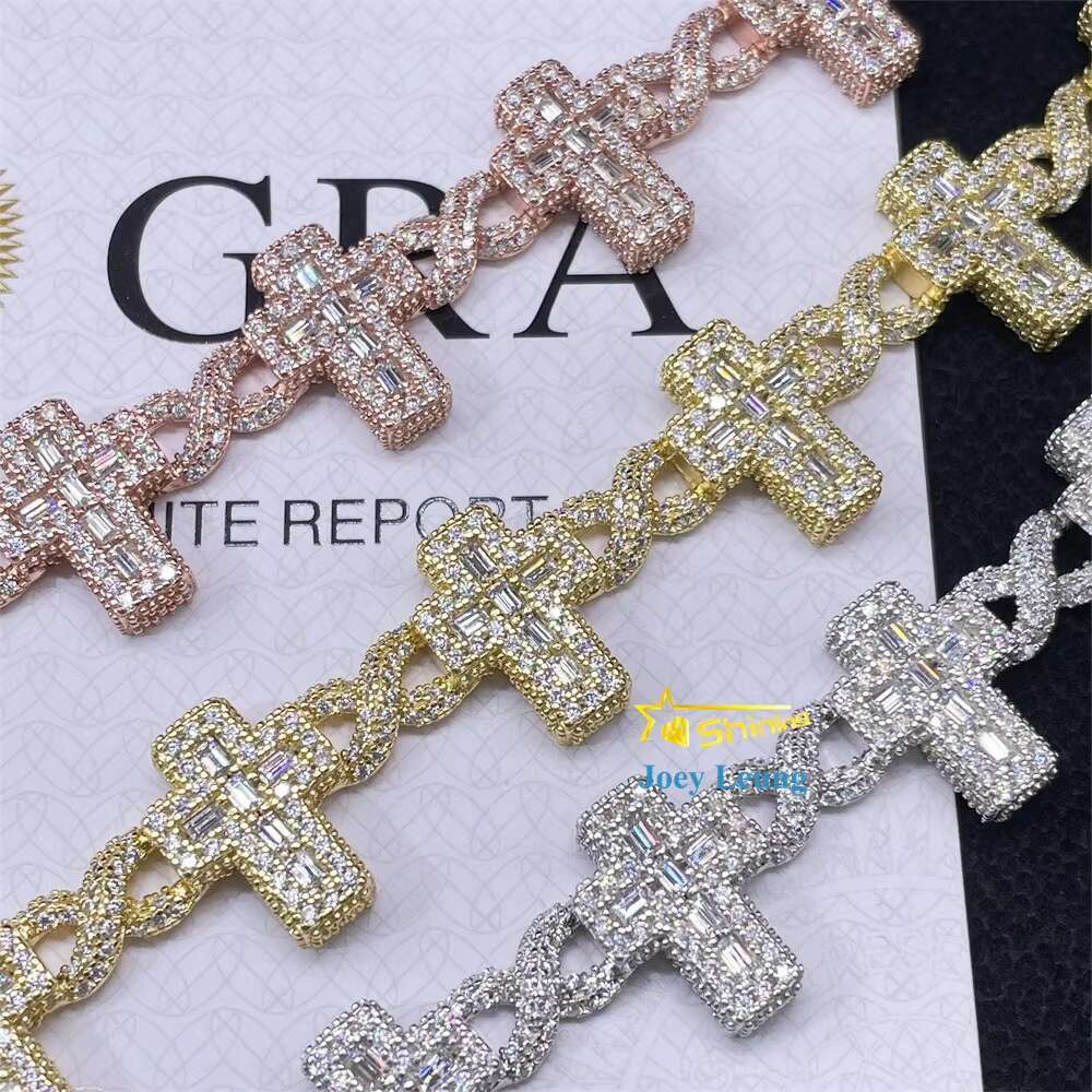 Hip Hop Jewelry 925 Silver Baguette Charm Iced Out VVS Moissanite Cuban Link Bracelet