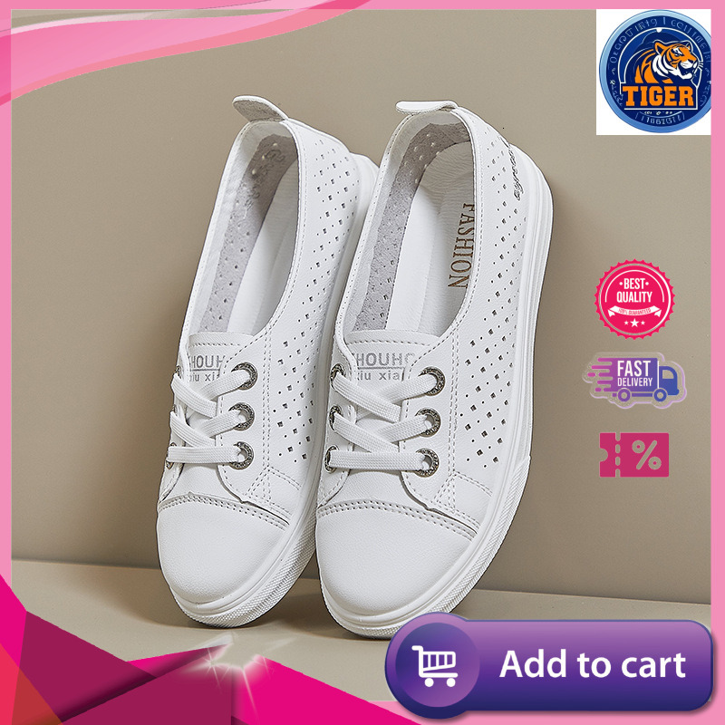 Ddmytiger Shallow Mouth White For Women In Spring And Summer Thin Breathable Lace Up Thick Soled Hollowed Out Leather Low Cut Casual Board Shoes Outdo