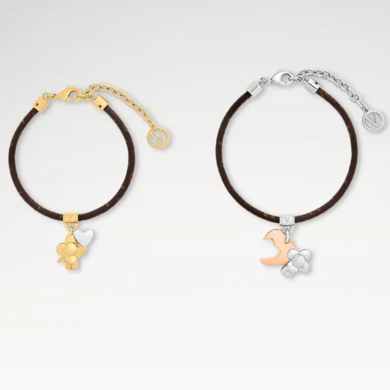 With BOX Couple Jewelry 2PCS/SET Unisex Faux Leather Brown Designer Charm Bracelets Heart Gold Silver Brand Bangles Wedding Engagement gift