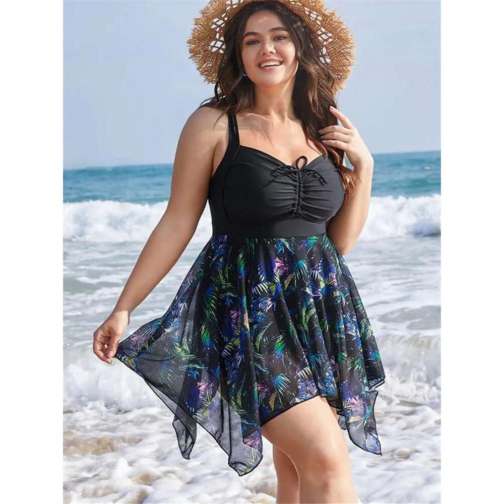 Womens Plus Size One Piece Swimsuit Tummy Control Swimdress Skirtini Cover Up Swimwear Bathing Suits Printed Elegant Beach Dress