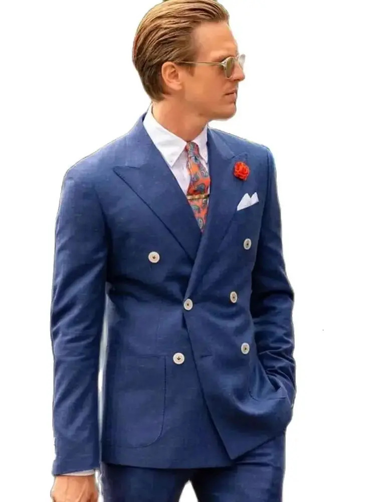 Navy Blue Mens Suits Notched Double Breasted Business Blazer Wedding Groom Tuxedo Customized 2 Piece Jacket Pants Costume Men 250506