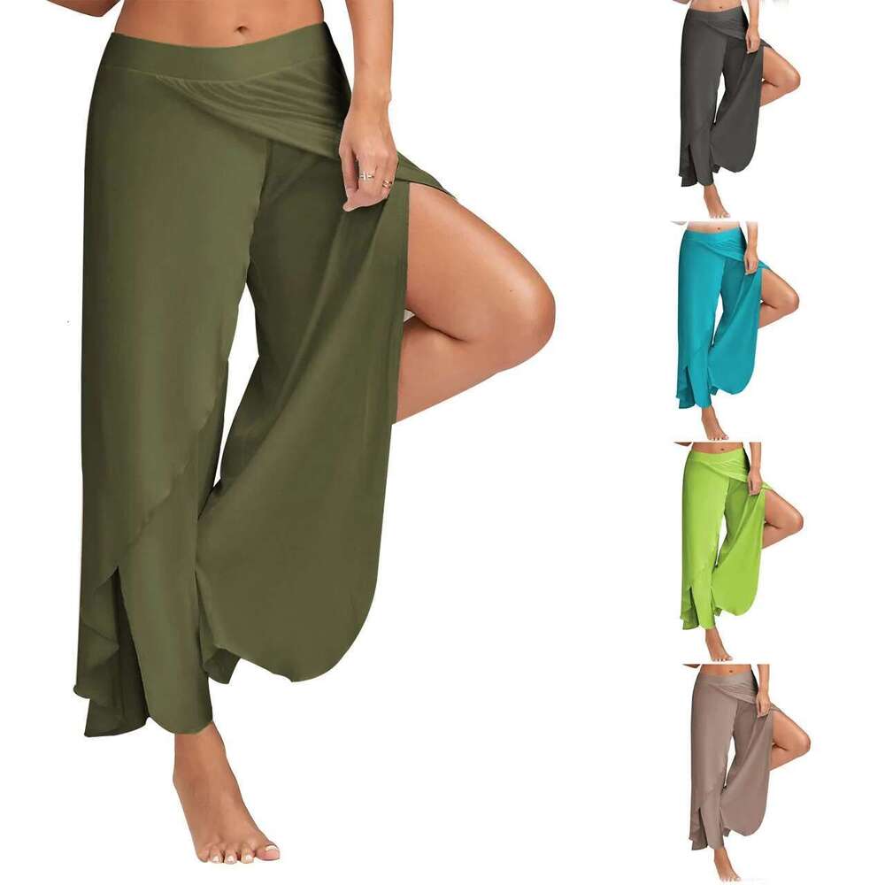 Women Plus Size Wide Leg Pants Loose Fiess Dance Yoga Split Trousers Female Elastic Wasit Casual Workout Solid Summer Clothing