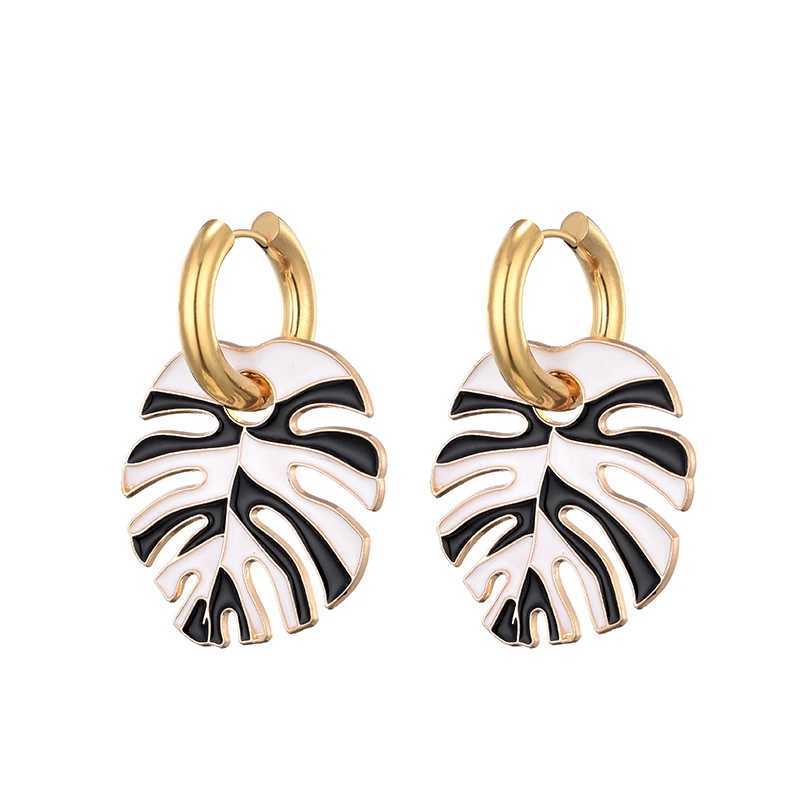Hot Colorful Big Leaf Pendant Gold Color Stainless Steel Earrings For Women Jewelry Vintage Statement Enamel Round Hoop Earrings Y250510