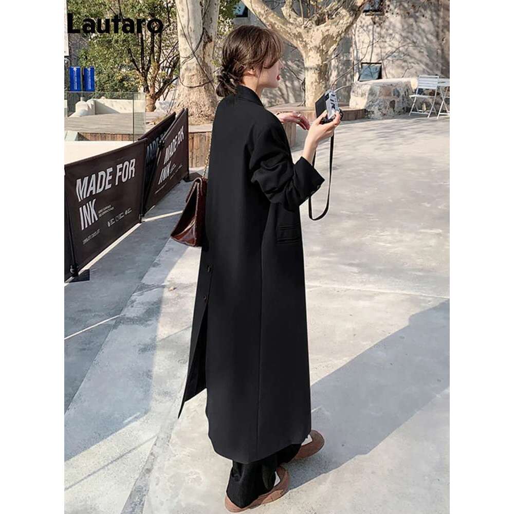 Lautaro Autumn Long Coffee Flowy Blazer Coat Women with Back High Slit Double Breasted Loose Casual Korean Fashion Overcoat 2024
