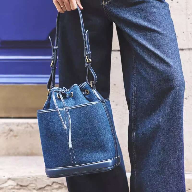 Vintage Denim Bucket Designer Canvas Women Shoulder Bags Drawsting Panelled Crossbody Bag Small Tote Shopper Purses 2025
