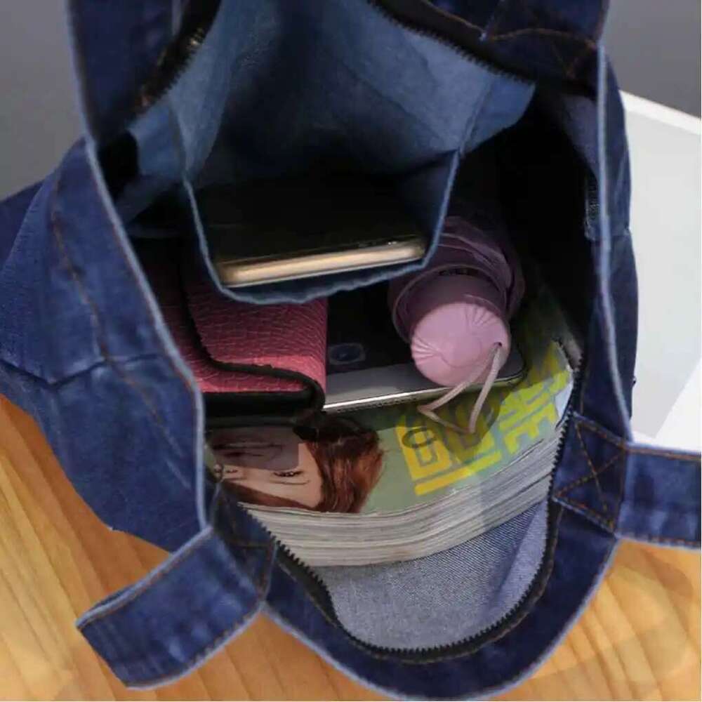 1Pcs Solid Color Denim Shoulder Large Capacity Tote Fashion Commuter Work Bucket Bag