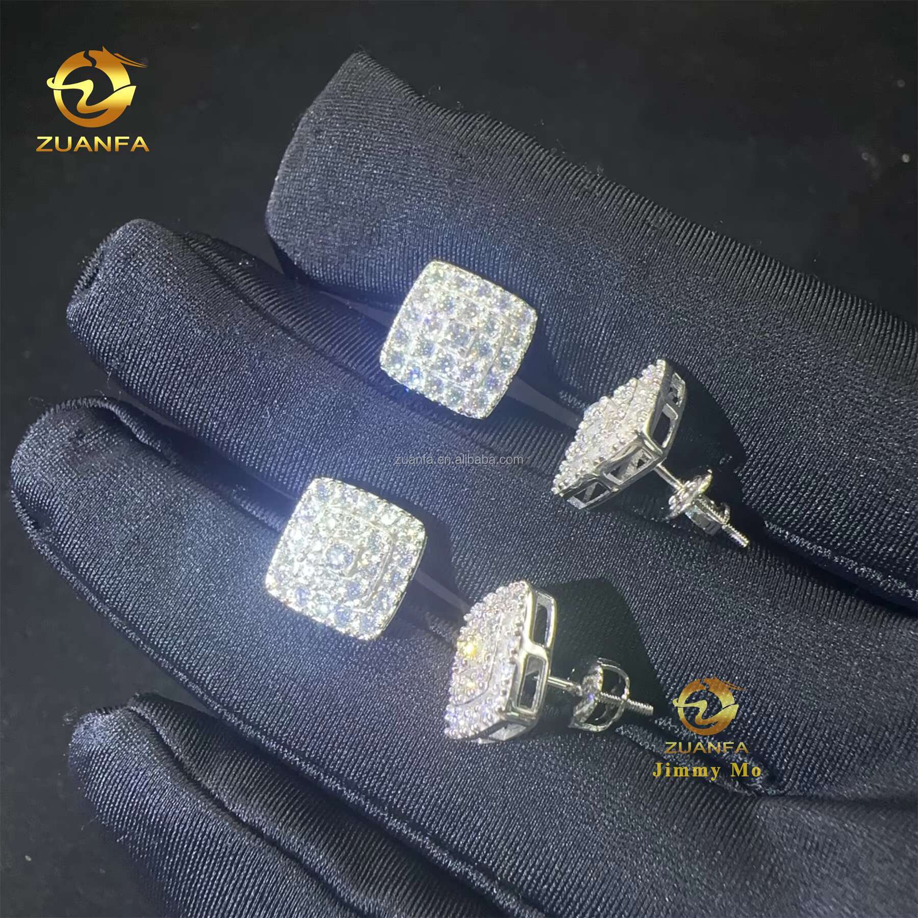 Popular Square Style Luxury Rapper Style Iced Out Hip Hop Man Stud Earrings Moissanite Diamond Screw Back Stud Earring 925