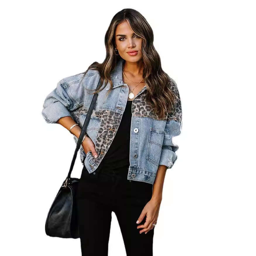 European and American leopard fashion print splicing hole denim top casual jacket 2025 temperament versatile new trend clothing ins