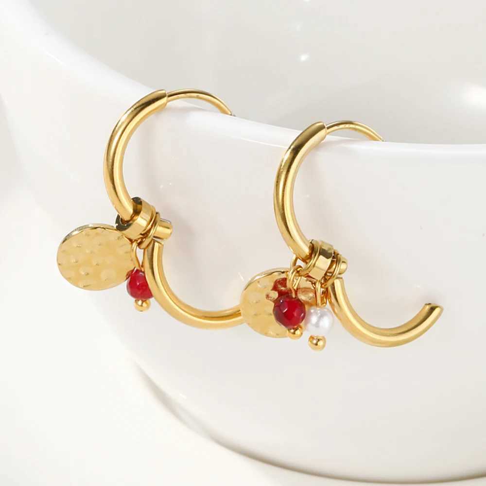 YACHAN 18K Gold Plated Stainless Steel Hoop Earrings for Women Tap Texture Metal Pearl Charms Earring Trendy Jewelry Gift Y250510