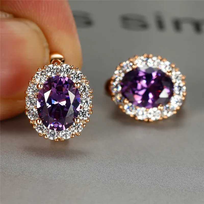 Dainty Bridal Crystal Oval Trendy Female Red Zircon Stone Earrings Vintage Rose Gold Color Wedding Jewelry For Women Y250510