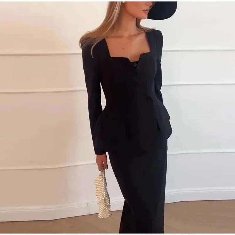 Elegant Women Coat Set White Square Collar Buttons Short Jacket Hip Package Long Skirts Fashion New Female 2 Piece Outfit