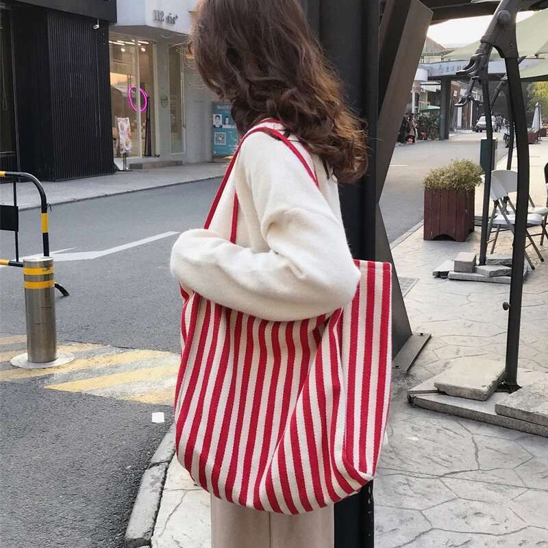 Cotton Canvas Women Big Shoulder Vintage Tote Shopping Bag Extra Large Capacity Handbag Cute Stripe Design Beach Cloth Purse