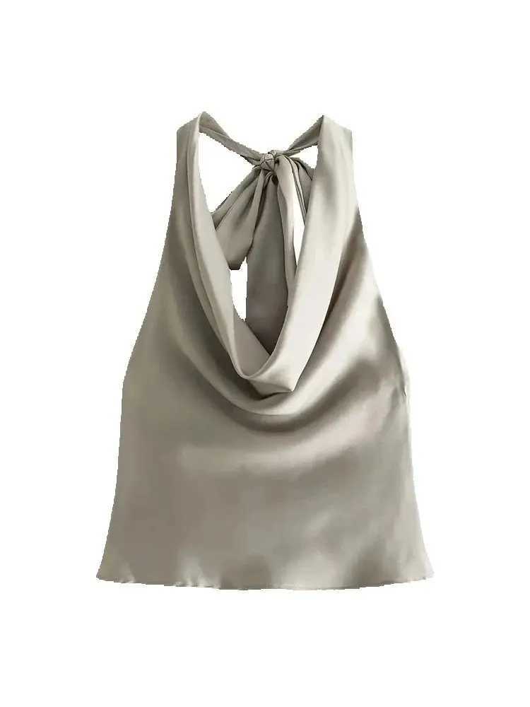 TRZA-Womens Flowing Draped Halter Neck Tank Tops With Bow Tied Backless Sleeveless Female Camis Sexy Fashion M250513
