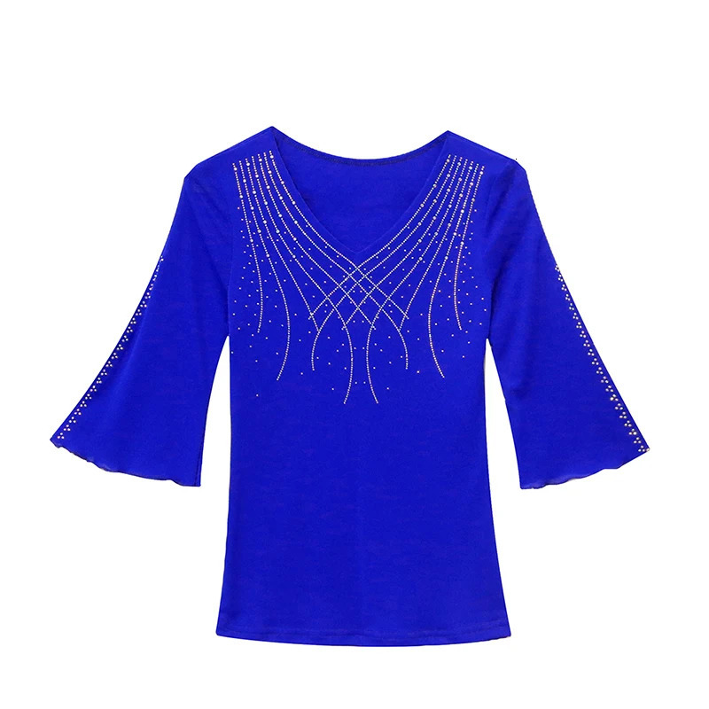 Spring Summer Mesh Tops Korean Fashion Diamond T Shirt Slim 34 Sleeve Hollow Out Casual Women 250513