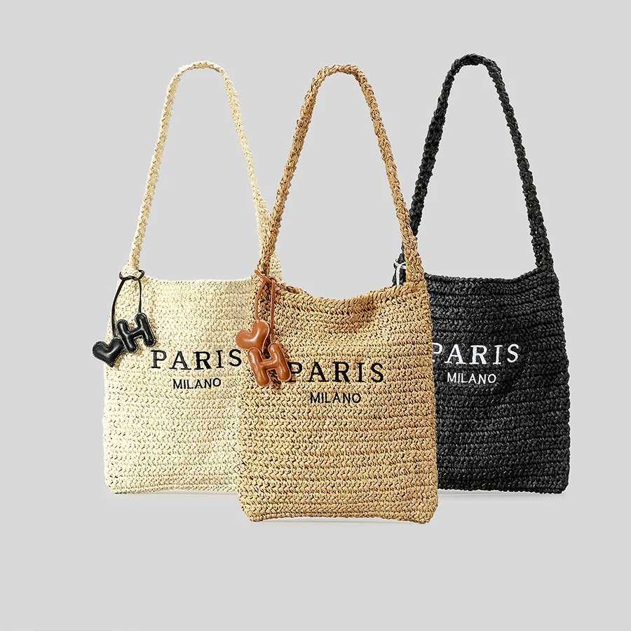 Casual Letters Straw Women Shoulder Bags Paper Woven Crossbody Bag Handmade Summer Beach Bag Small Tote Bali Purses 2024 Z250513